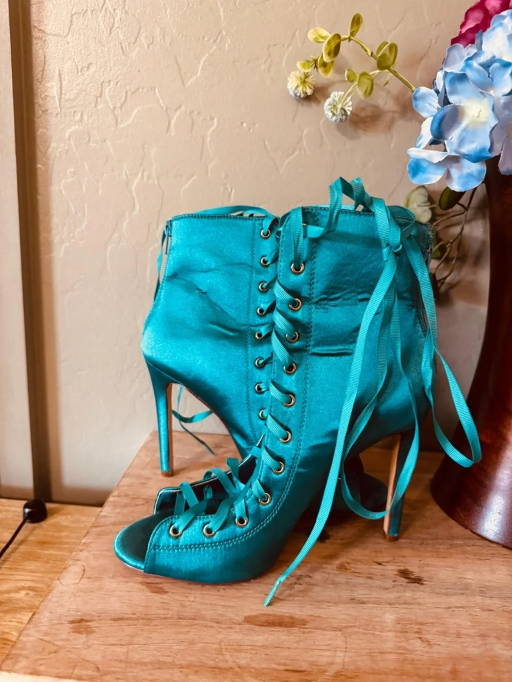 Teal Satin Lace-Up Heeled Booties Open Toe Size 9 Statement